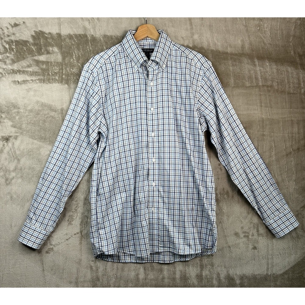 Peter Millar Crown Crafted Mens M Blue Gray Plaid Flex Fit Button-Down Shirt - Picture 2 of 13